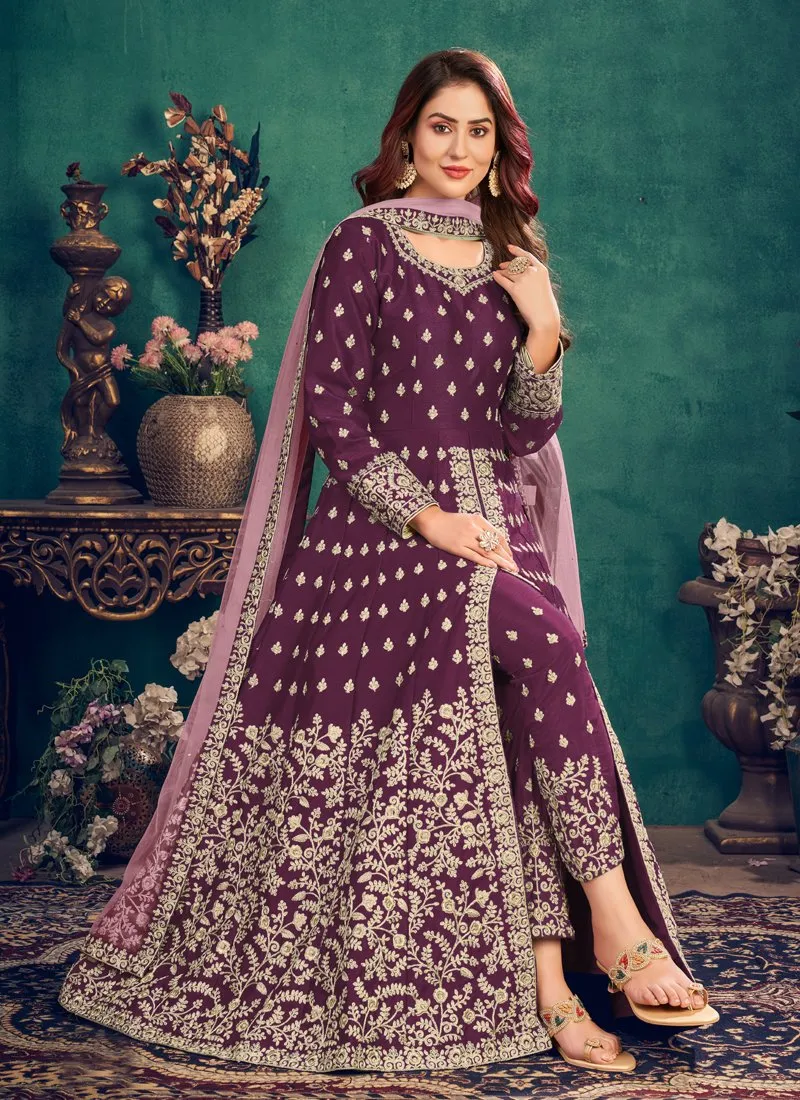 Floor Length Plum Wine Art Silk Embroidered Anarkali Suit