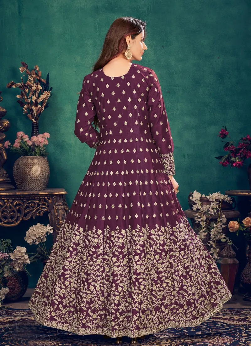 Floor Length Plum Wine Art Silk Embroidered Anarkali Suit