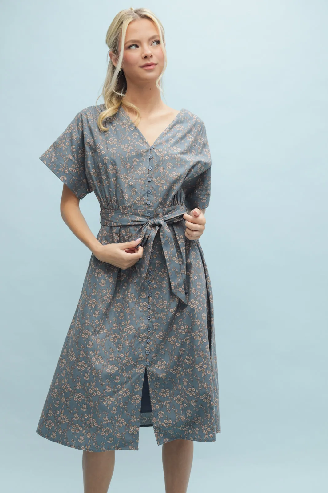 Floral Belted Dress- Teal/Mocha