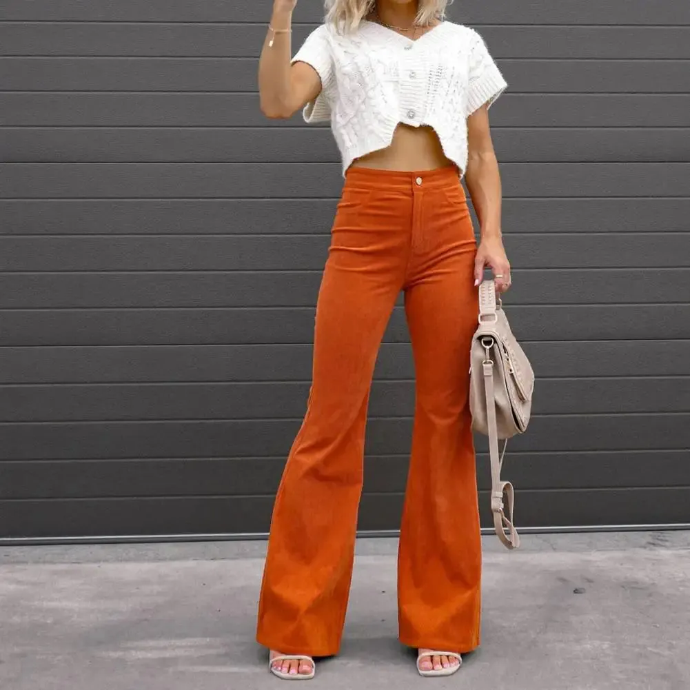 FLYTONN-Women Flared Pants Solid Color Horn Shape Lady Pants High Waist Button-up Slim Fit Full Length Female Trousers For Dating