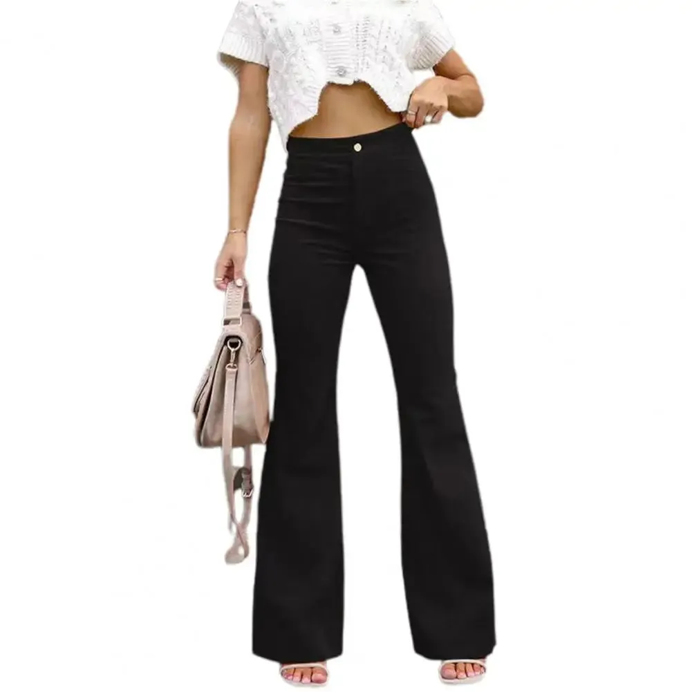 FLYTONN-Women Flared Pants Solid Color Horn Shape Lady Pants High Waist Button-up Slim Fit Full Length Female Trousers For Dating