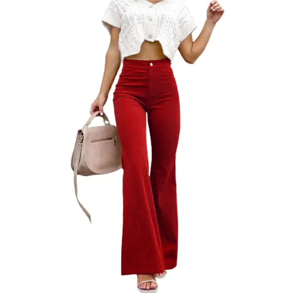 FLYTONN-Women Flared Pants Solid Color Horn Shape Lady Pants High Waist Button-up Slim Fit Full Length Female Trousers For Dating