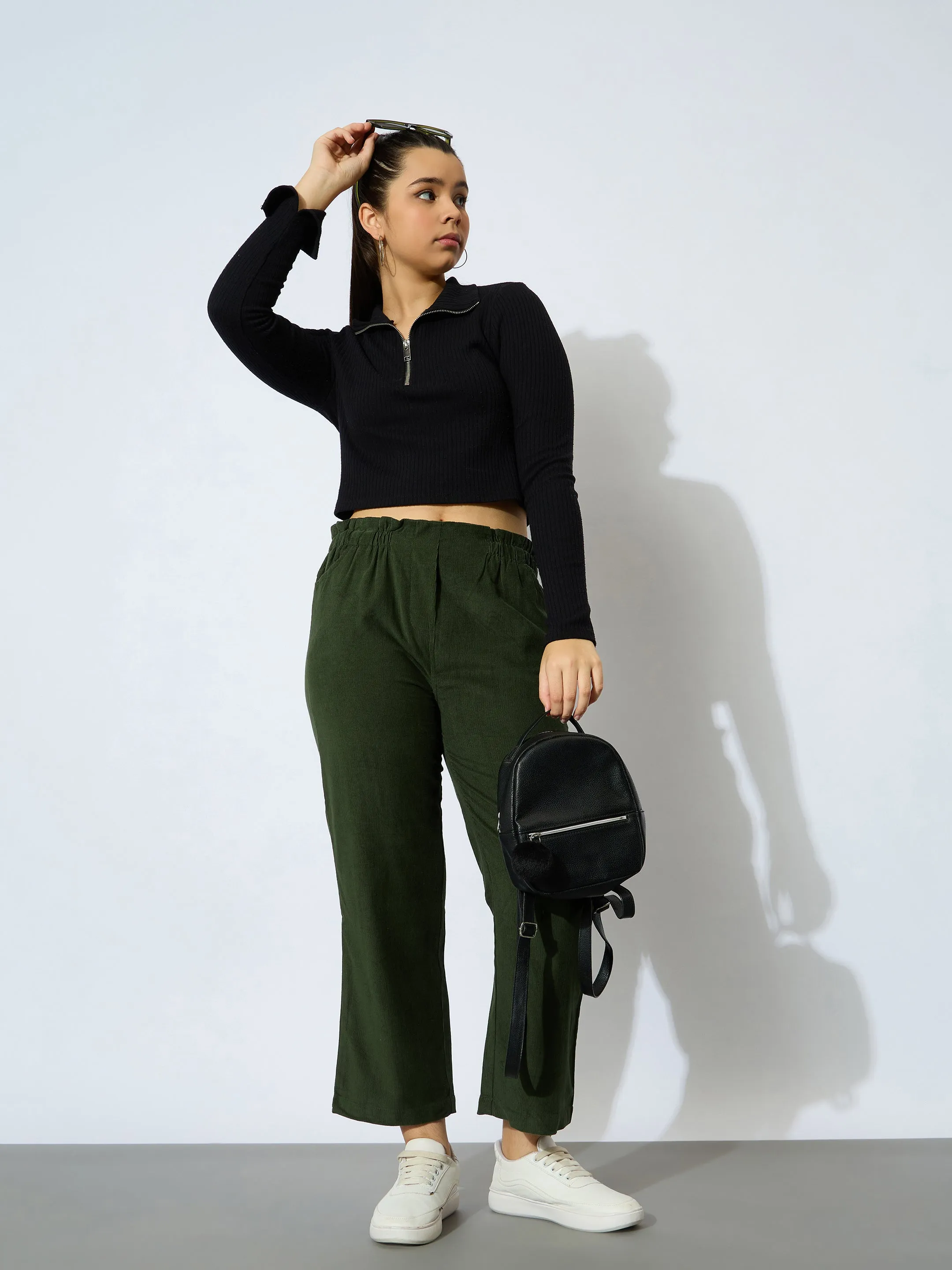 Girl Olive Corduroy Paper Bag Waist Pants