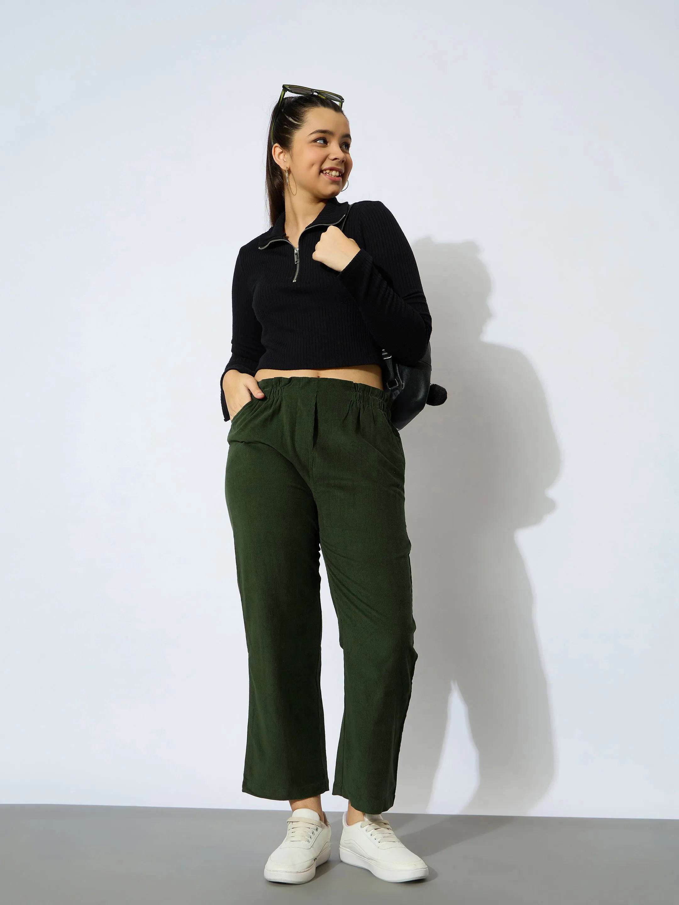 Girl Olive Corduroy Paper Bag Waist Pants