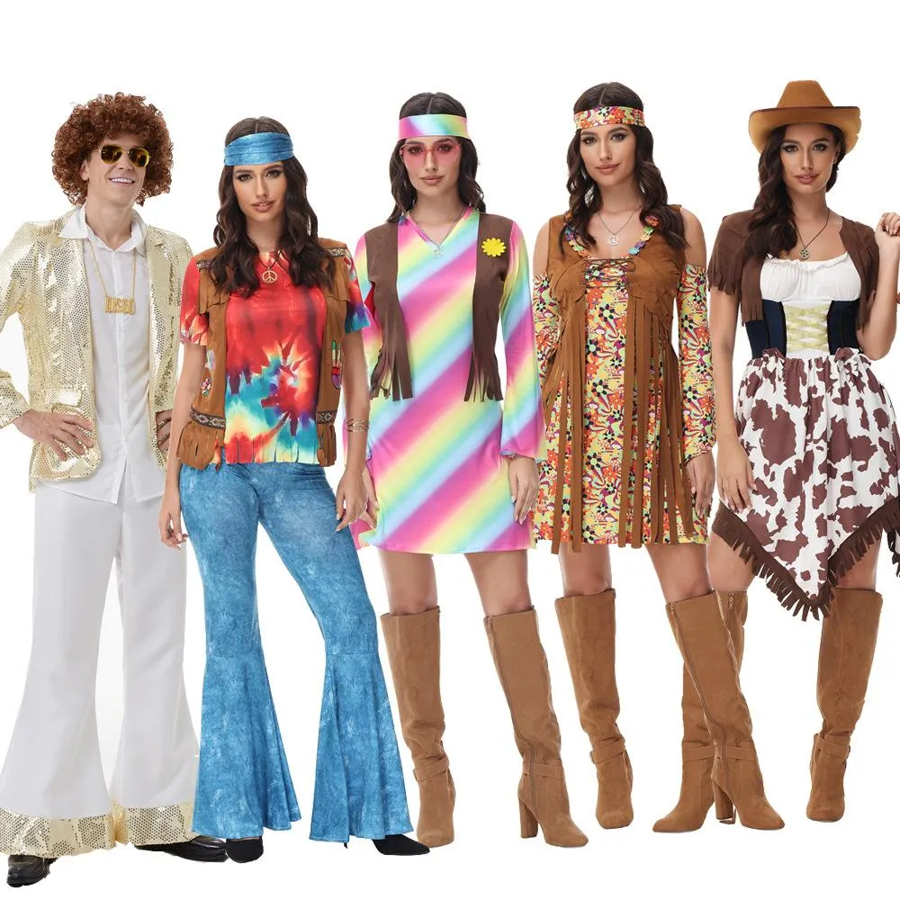 Halloween cosplay Adult retro 70s disco Hippie Fancy Dress Costume