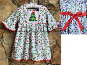 Holly Berry Smocked Christmas Tree Dress with sash