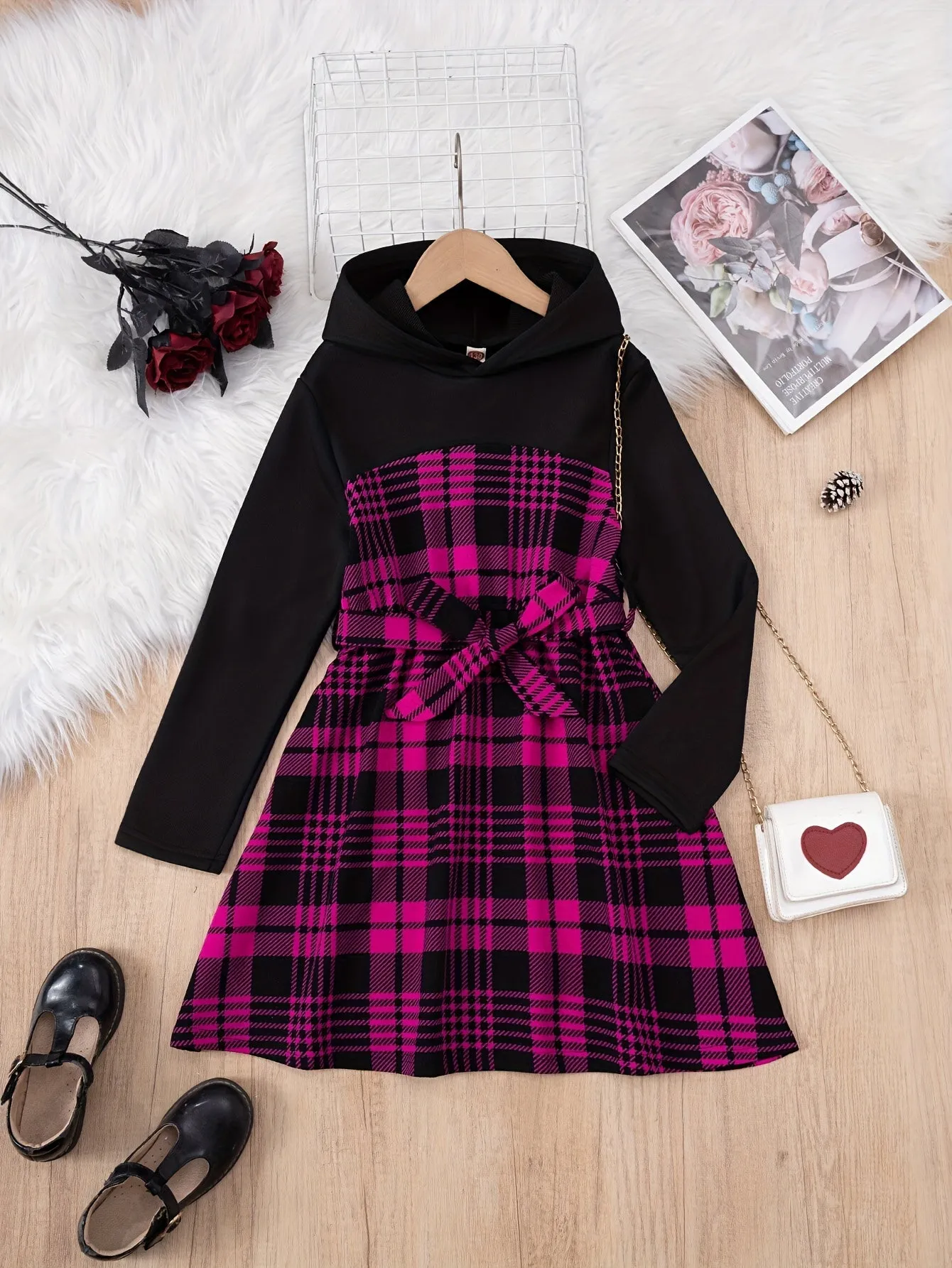 Hooded Plaid Dress for Girls - Long Sleeve, Vintage Splicing Style - Perfect for Spring, Fall, and Christmas