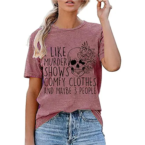 Horror Women Shirt Maybe 3 People Novelty Friend Graphic I Like Murder Shows Summmer Beach Top Short Sleeve Tee, Red