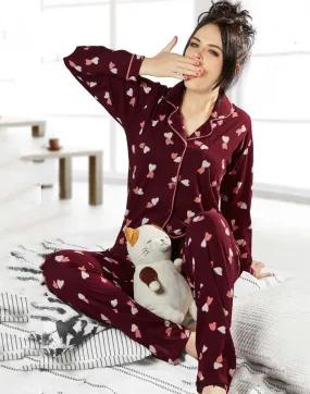 In Touche Maroon Winter Cotton Night suit Set for ladies with Collar