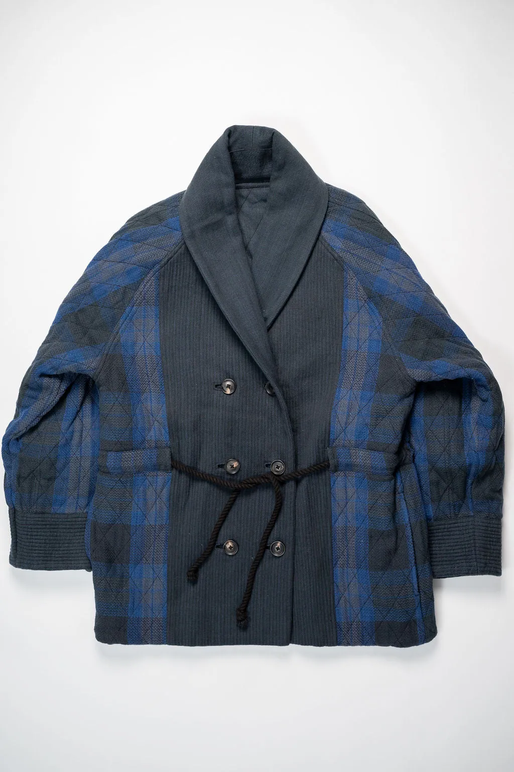 Indi   Ash Reversible Shawl Overcoat - Iron/Indigo Handwoven Denim/Plaid