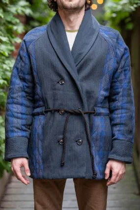 Indi   Ash Reversible Shawl Overcoat - Iron/Indigo Handwoven Denim/Plaid