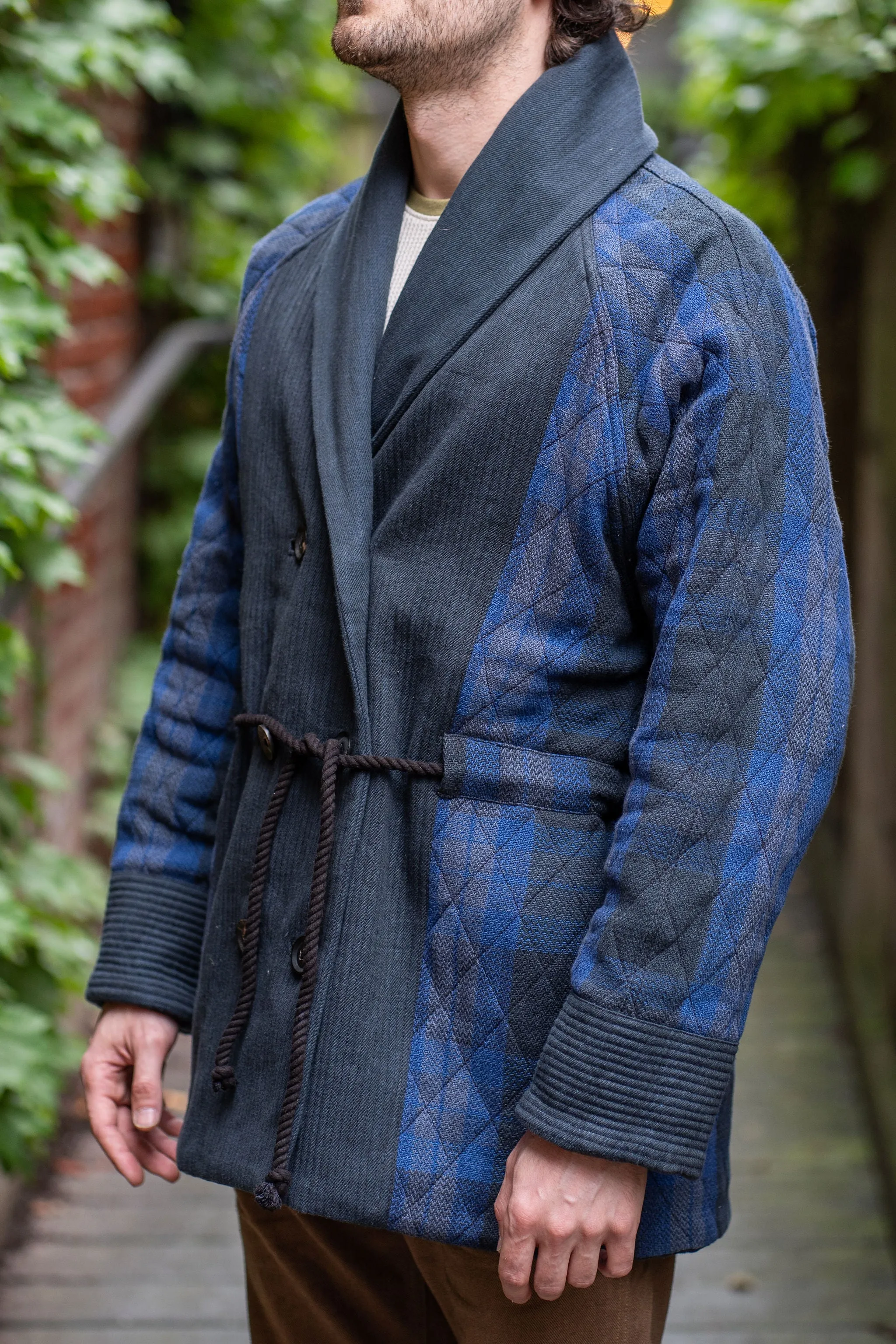 Indi   Ash Reversible Shawl Overcoat - Iron/Indigo Handwoven Denim/Plaid