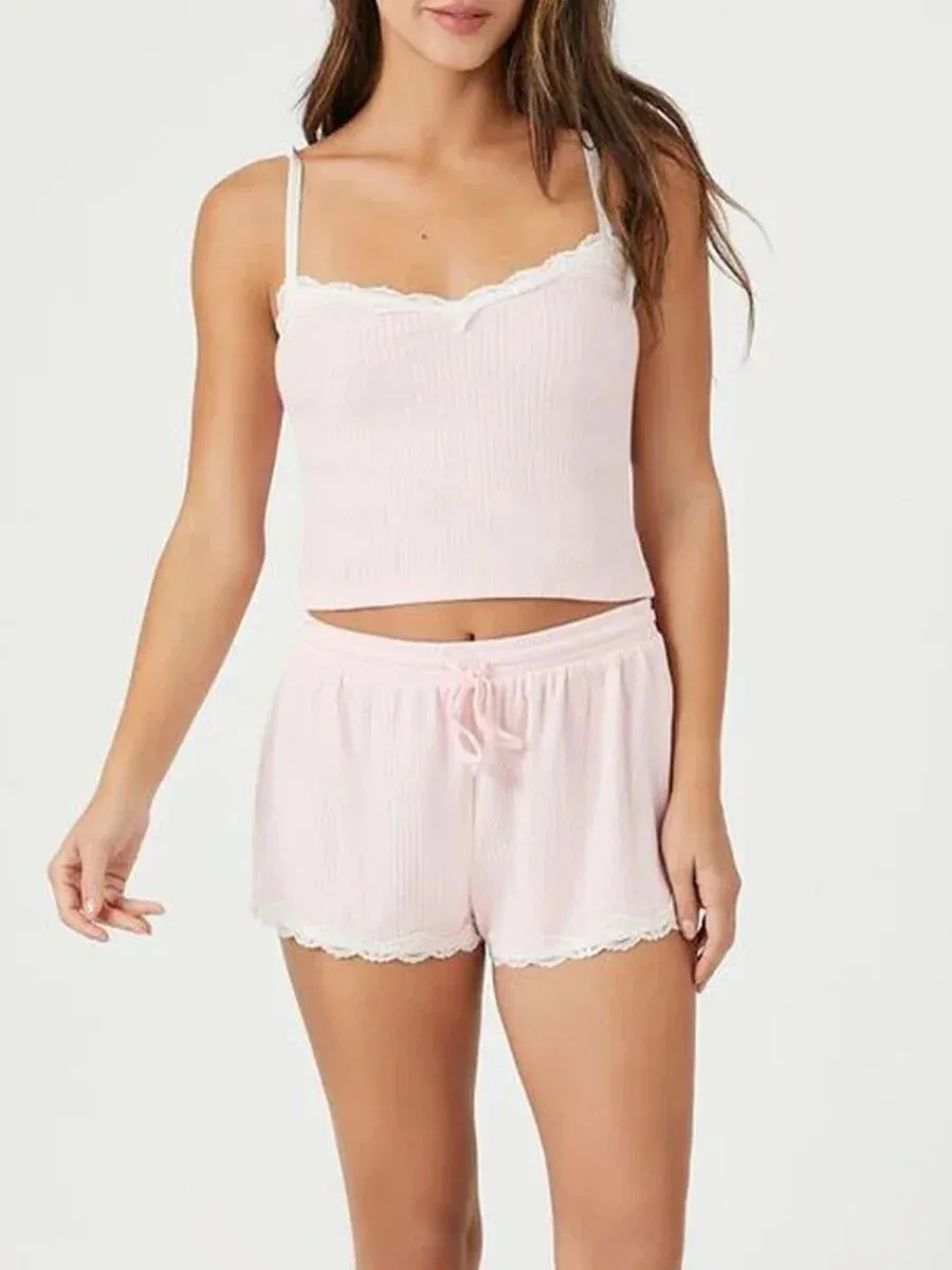 Lace Cami Top Low Waisted Shorts Y2k Knitted Set Sleepwear Sexy Pajamas