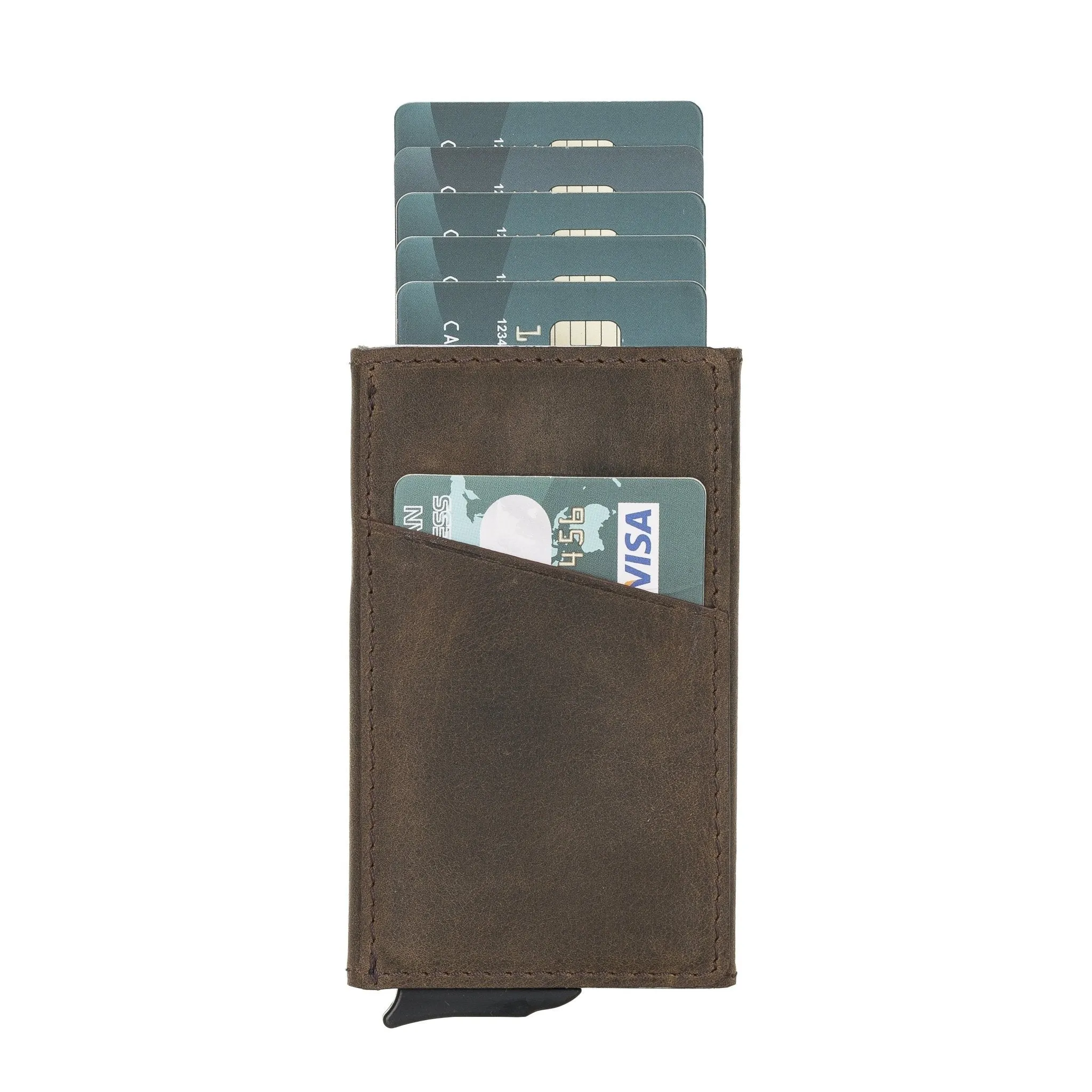 Leather Mechanical Pop Up Card Holder With RFID