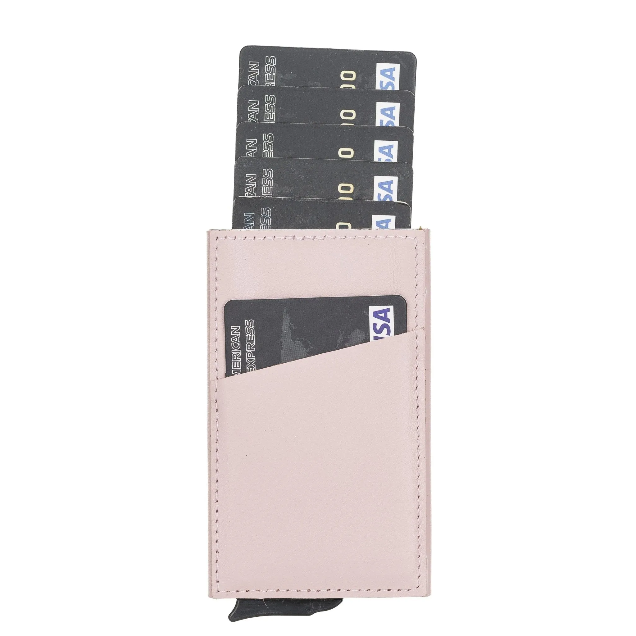 Leather Mechanical Pop Up Card Holder With RFID