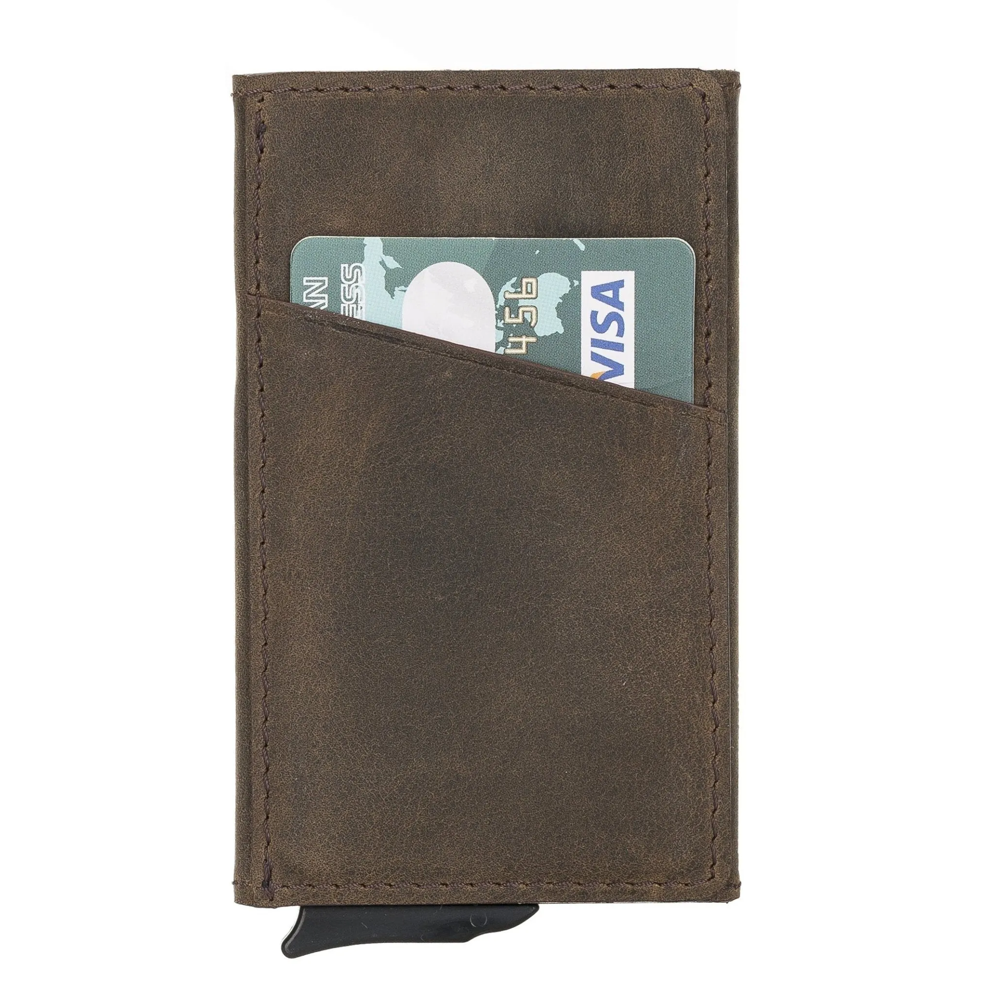 Leather Mechanical Pop Up Card Holder With RFID