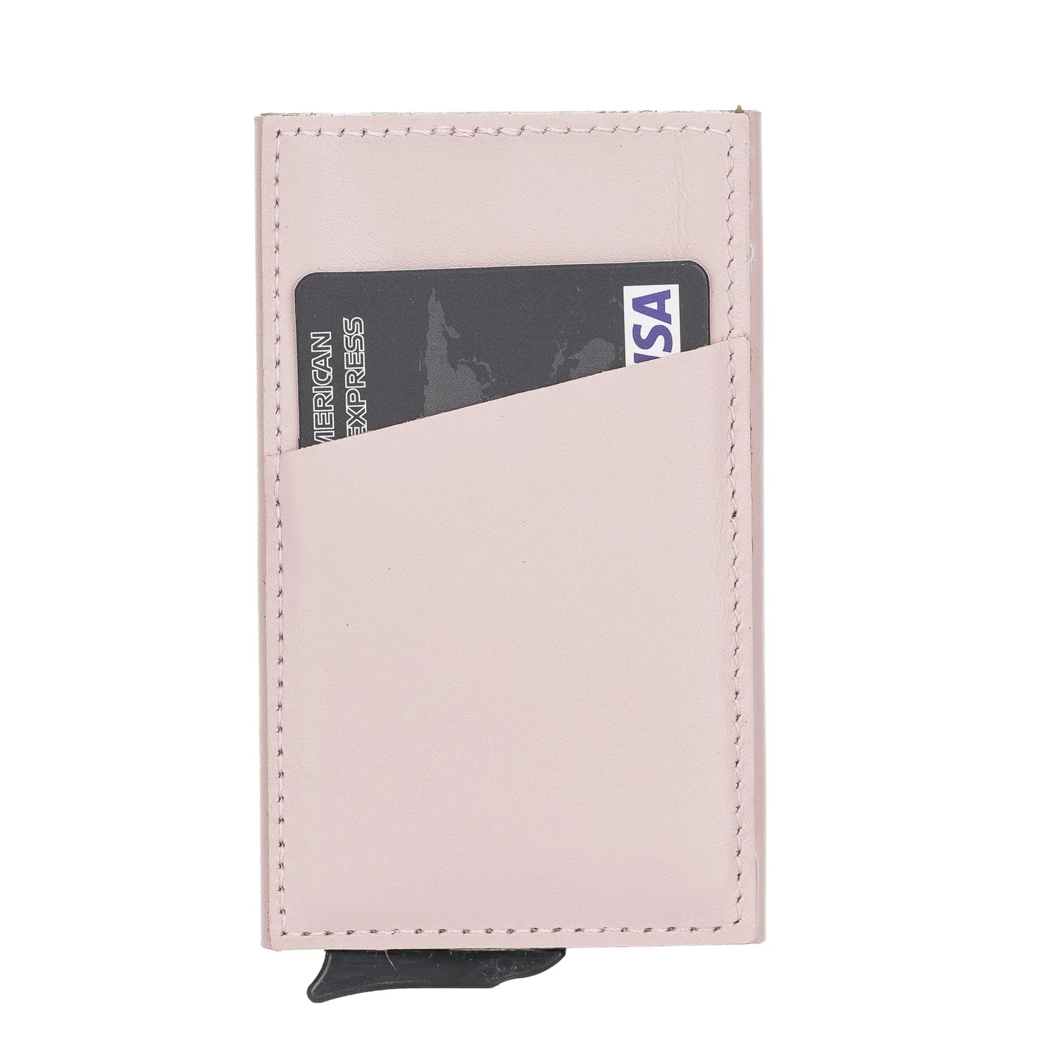 Leather Mechanical Pop Up Card Holder With RFID