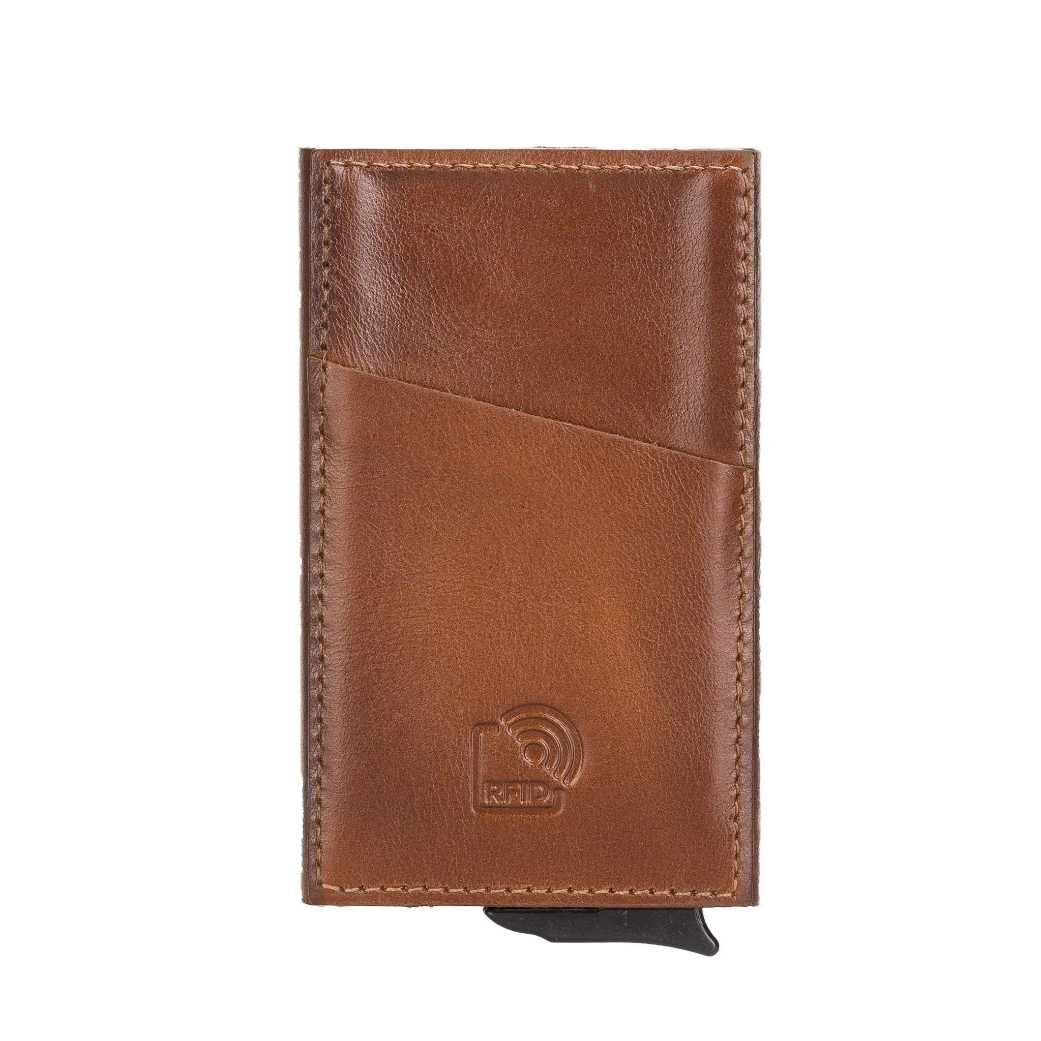 Leather Mechanical Pop Up Card Holder With RFID