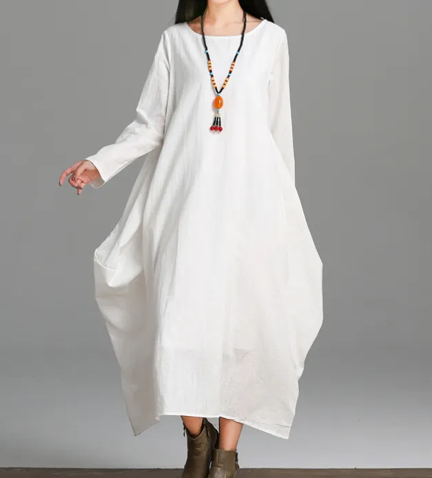 Loose Long Sleeve Linen Cotton O Neck Women Dress