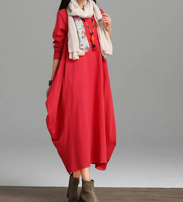 Loose Long Sleeve Linen Cotton O Neck Women Dress