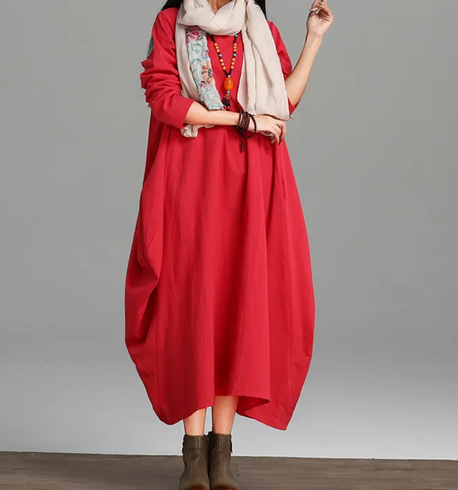 Loose Long Sleeve Linen Cotton O Neck Women Dress