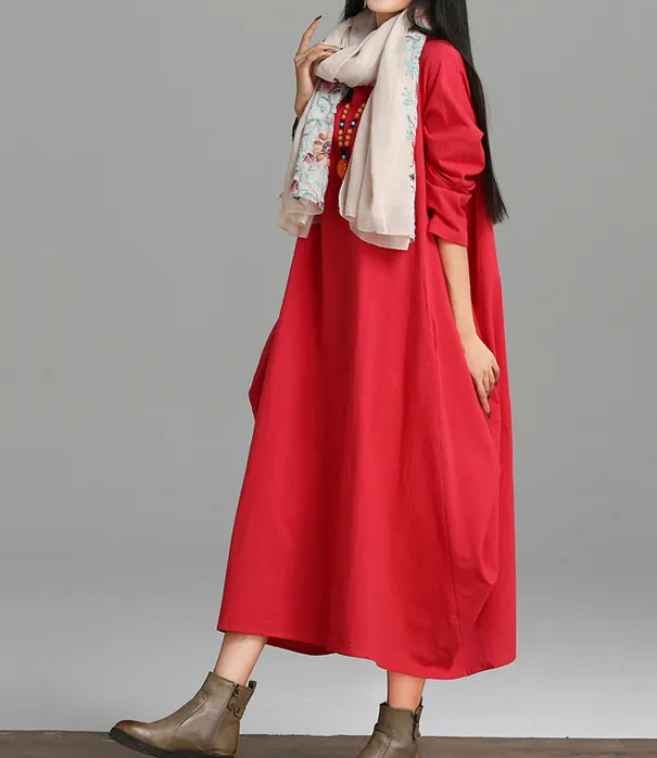 Loose Long Sleeve Linen Cotton O Neck Women Dress