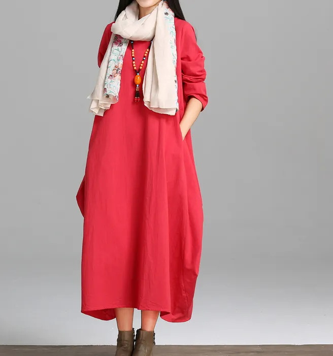 Loose Long Sleeve Linen Cotton O Neck Women Dress