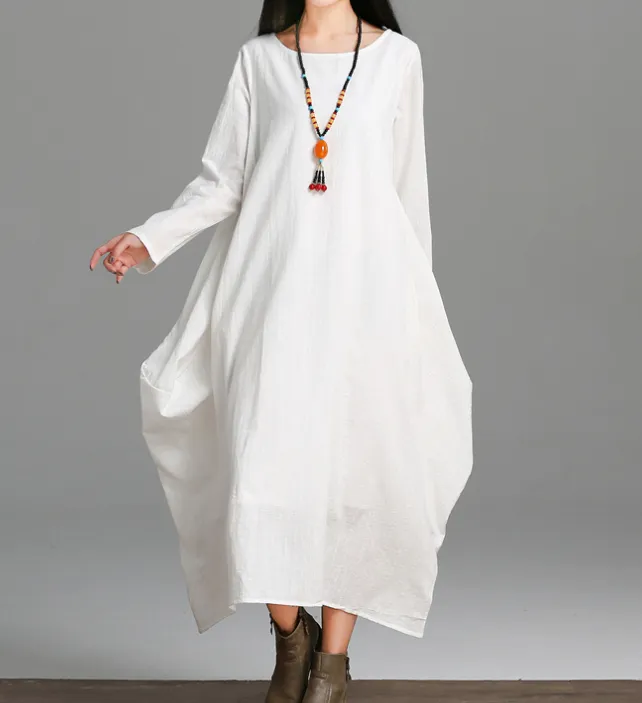 Loose Long Sleeve Linen Cotton O Neck Women Dress