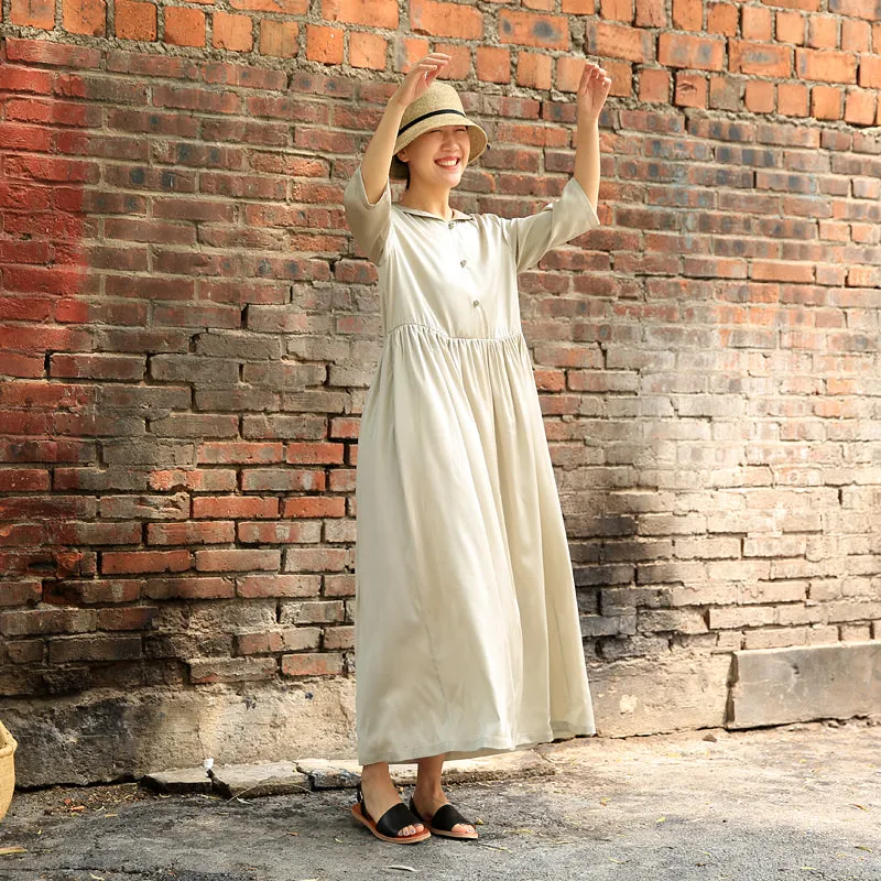 Loose Pan Collar Button Dress Summer Long Women Linen Dresses Z972915