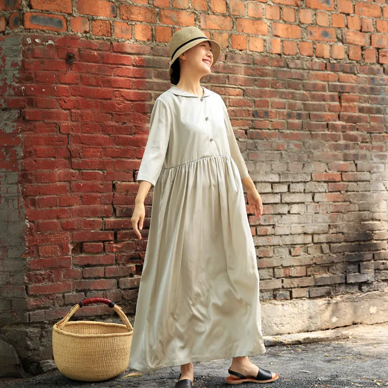 Loose Pan Collar Button Dress Summer Long Women Linen Dresses Z972915