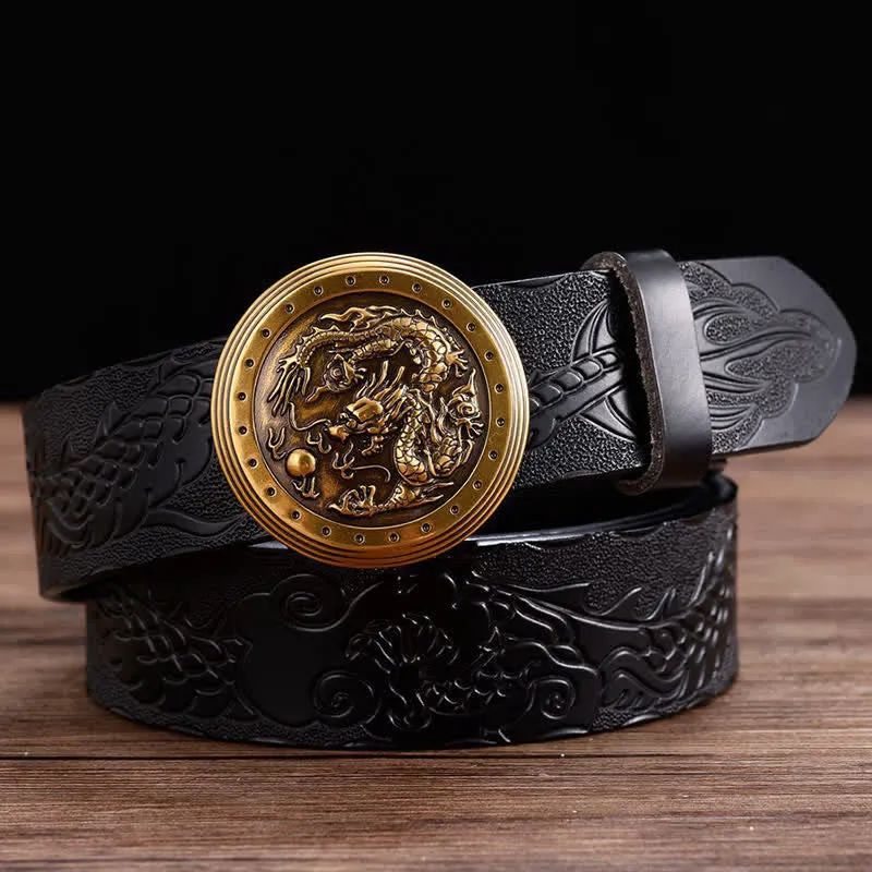 Men's Dragon Prints Round Automatic Buckle Leather Belt