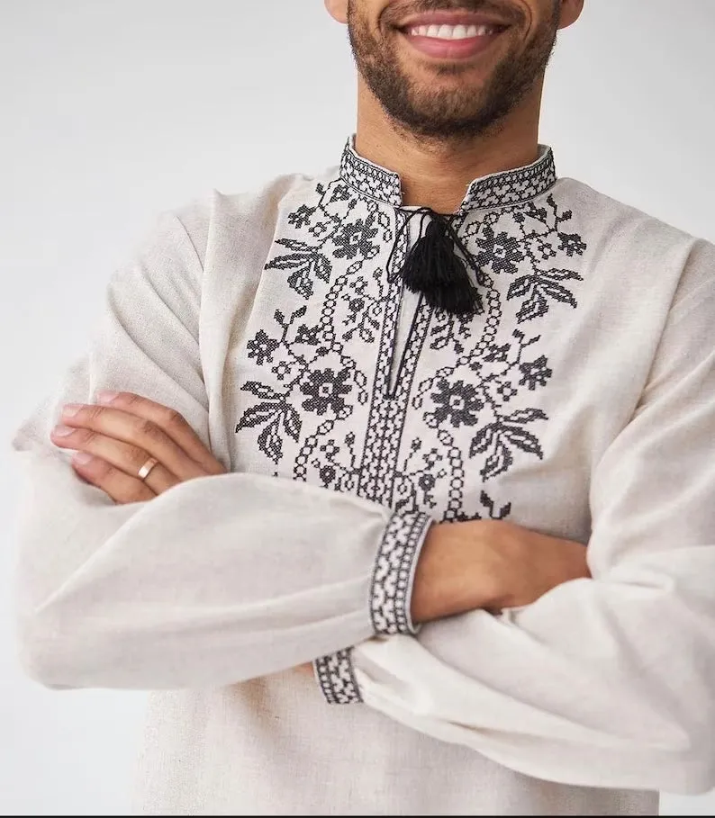 Men's embroidered shirt with a black pattern