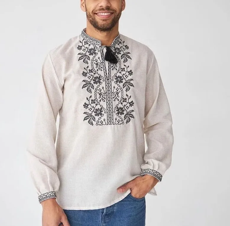 Men's embroidered shirt with a black pattern