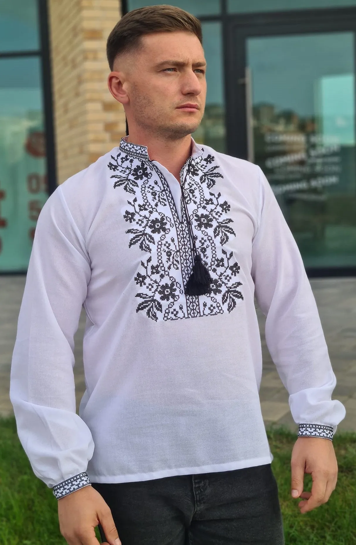 Men's embroidered shirt with a black pattern