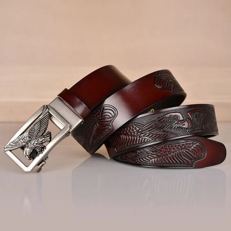 Men's Hollow Eagle Buckle Embossed Leather Belt