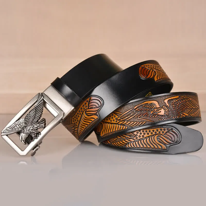 Men's Hollow Eagle Buckle Embossed Leather Belt