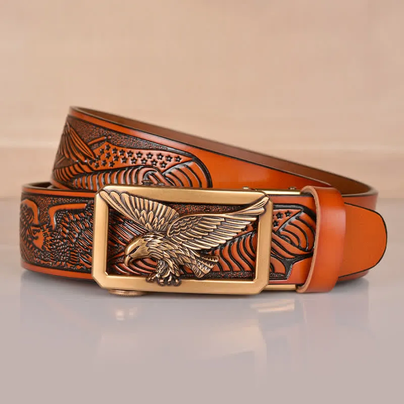 Men's Hollow Eagle Buckle Embossed Leather Belt