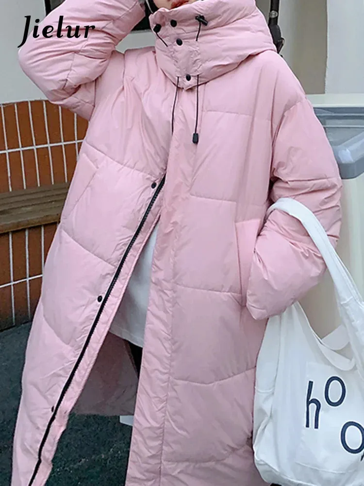 Metaversmall Khaki Winter Hooded Korean Style Female Parkas Loose Warm Zipper Solid Color Fashion Women's Parka Pink Long Down Coat