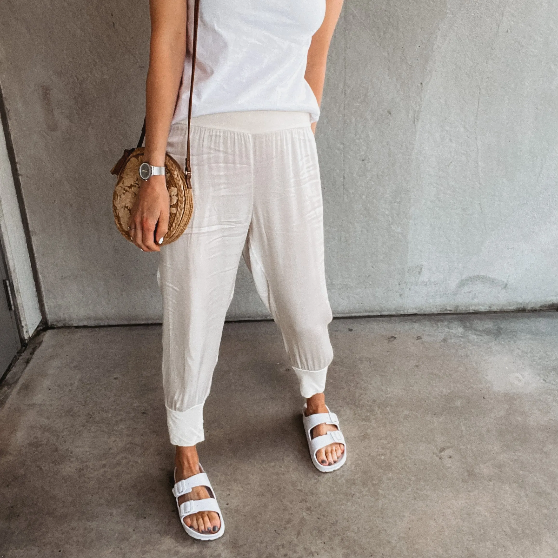 Napoli VINTAGE WHITE satin harem joggers