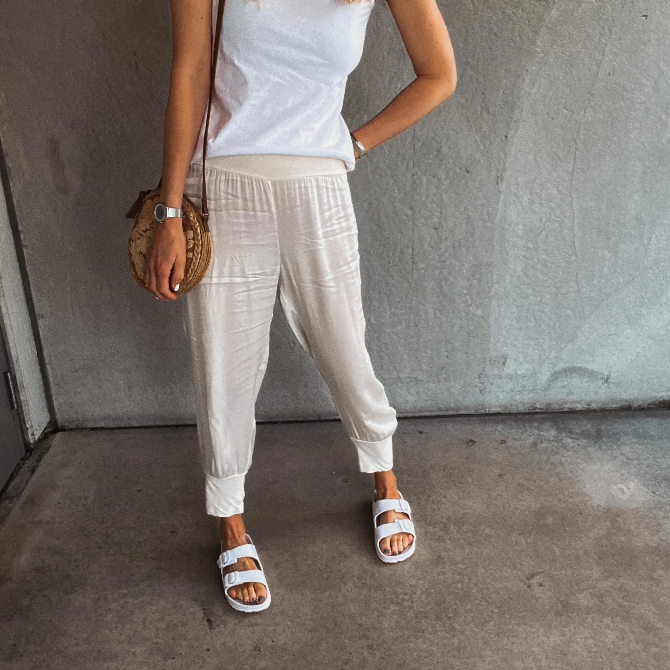 Napoli VINTAGE WHITE satin harem joggers