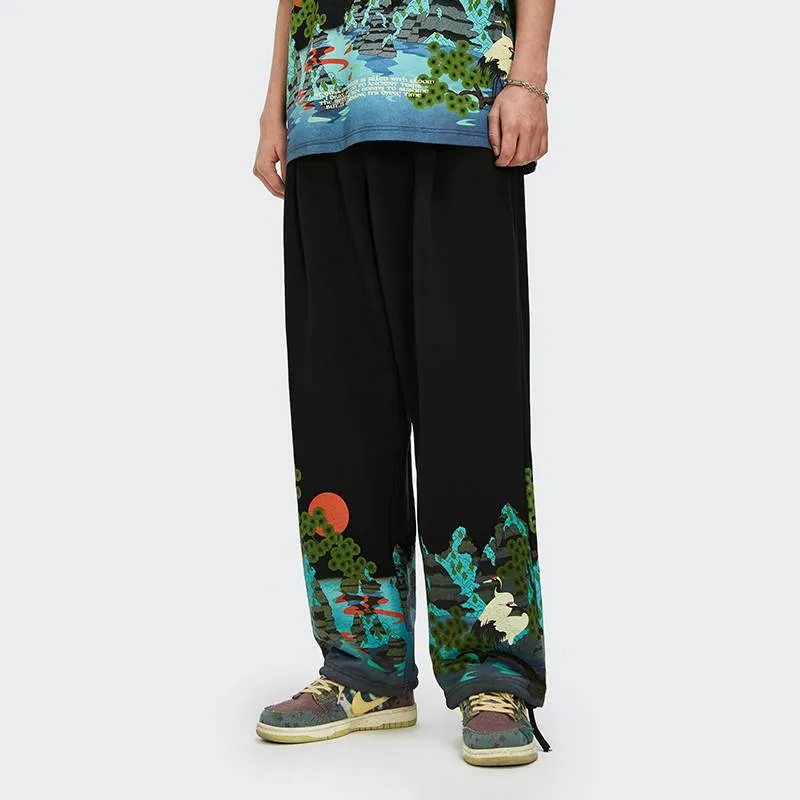 Natural Graphic Elastic Waist Loose Pants