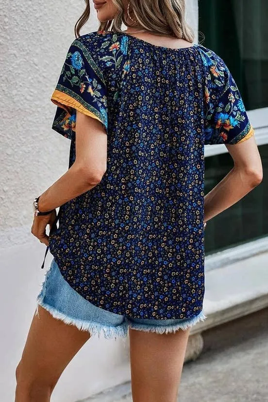 Navy Boho Print Split V Neck Flare Sleeves Blouse Large