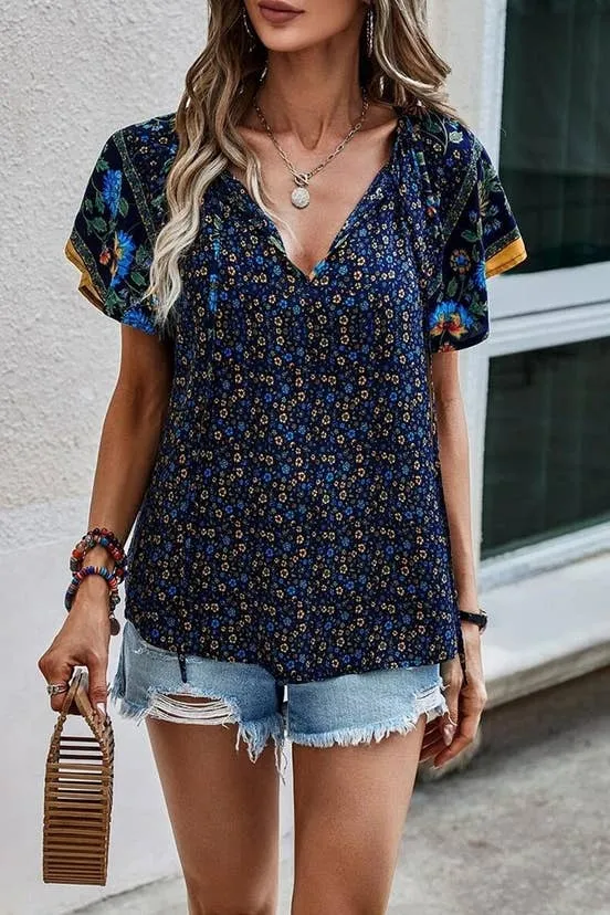 Navy Boho Print Split V Neck Flare Sleeves Blouse Large