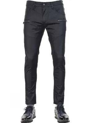 Navy Dual Front Zipper Waxed Pants