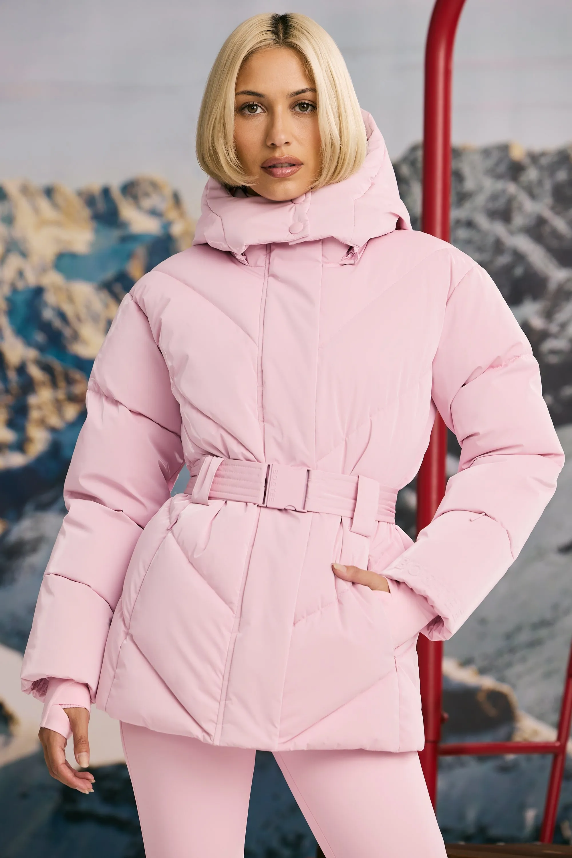 Oversized Quilted Hooded Ski Jacket in Pastel Pink