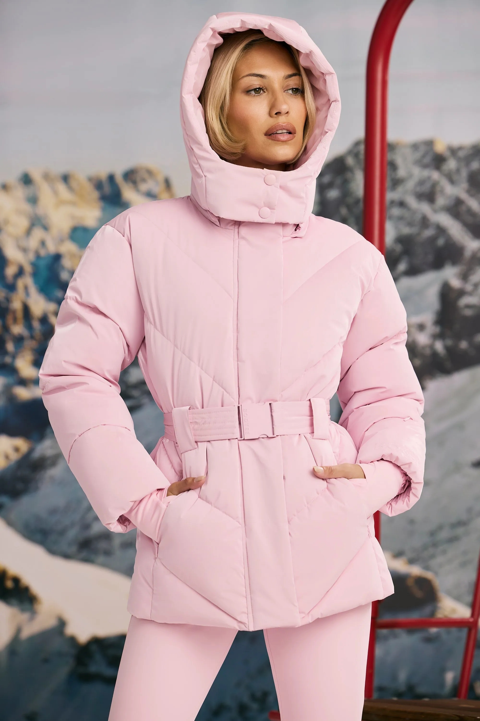 Oversized Quilted Hooded Ski Jacket in Pastel Pink