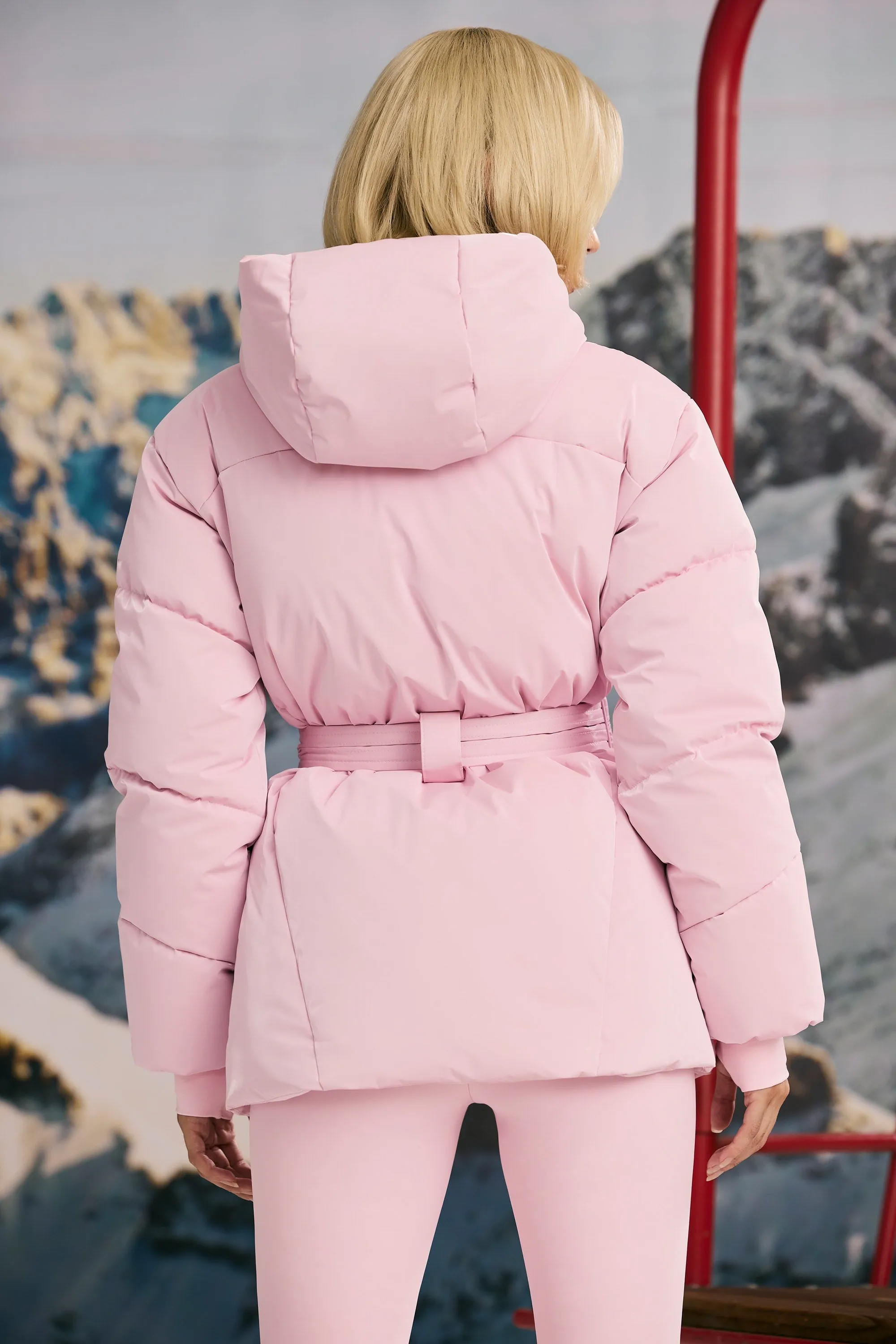 Oversized Quilted Hooded Ski Jacket in Pastel Pink