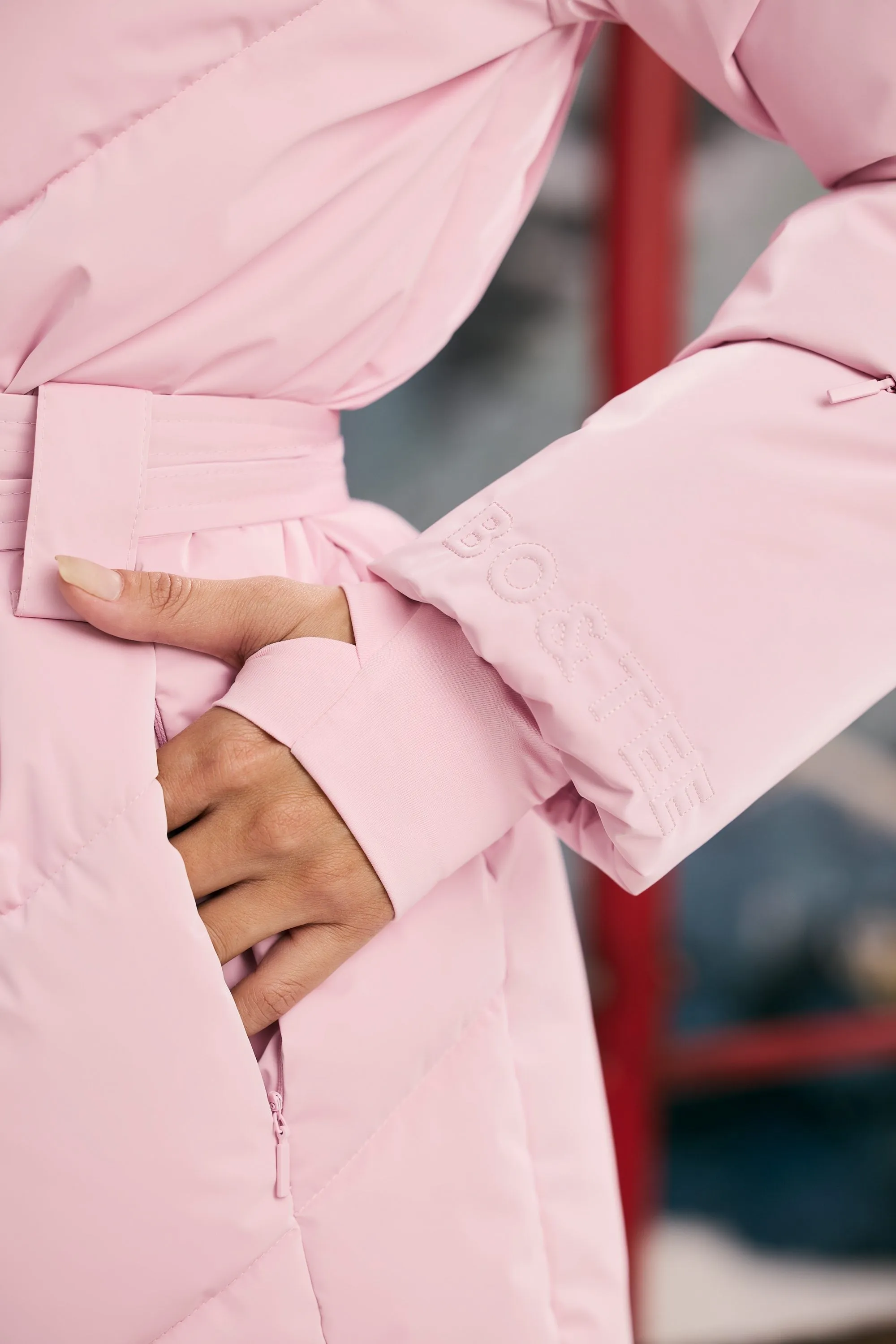 Oversized Quilted Hooded Ski Jacket in Pastel Pink