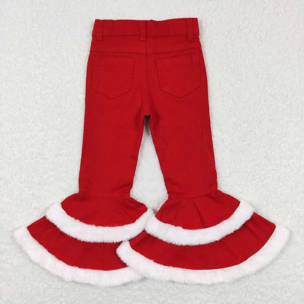 P0334  kids clothes girls white plush red bell bottom jeans flare pant