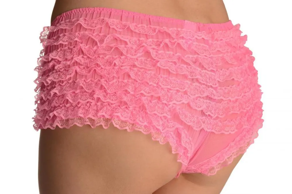 Pink Multi Layers Women Frilly Ruffle Lace Panty Shorts